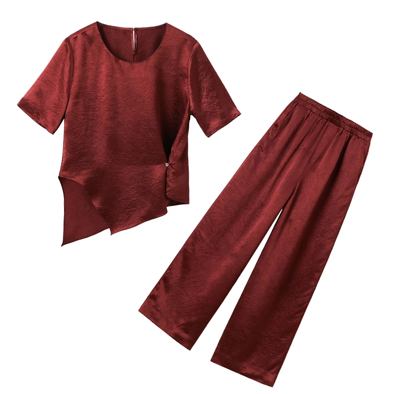 时尚套装女2025夏季新款极简风高级感缎面醋酸上衣直筒裤两件套潮