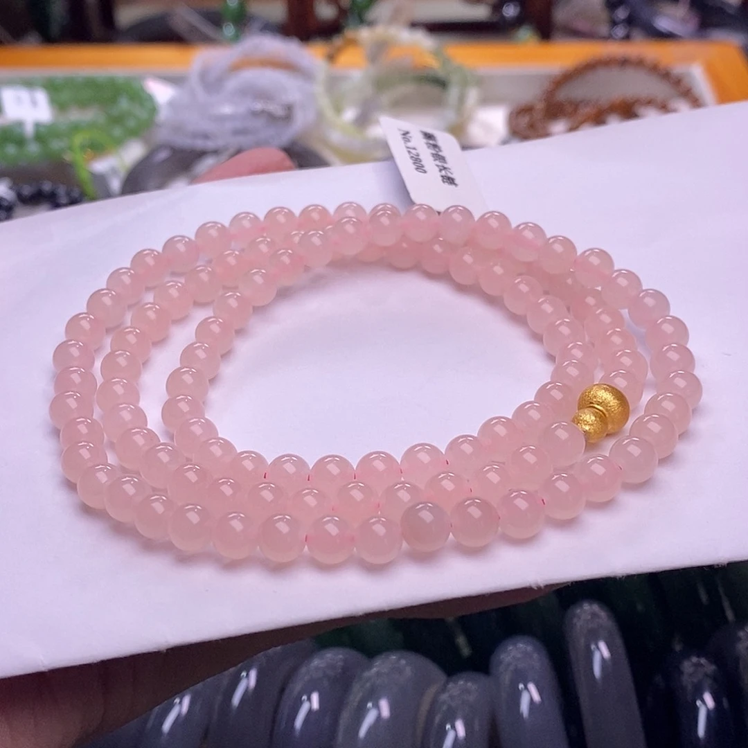 颈饰未镶嵌和田玉藕粉银镶项链6MM