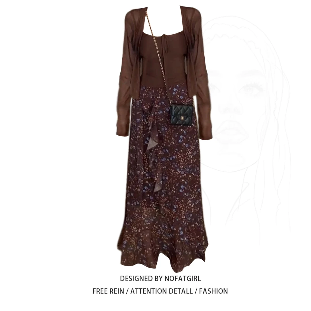 大码胖妹妹洛神花信短款防晒开衫吊带背心女夏碎花半身裙度假套装