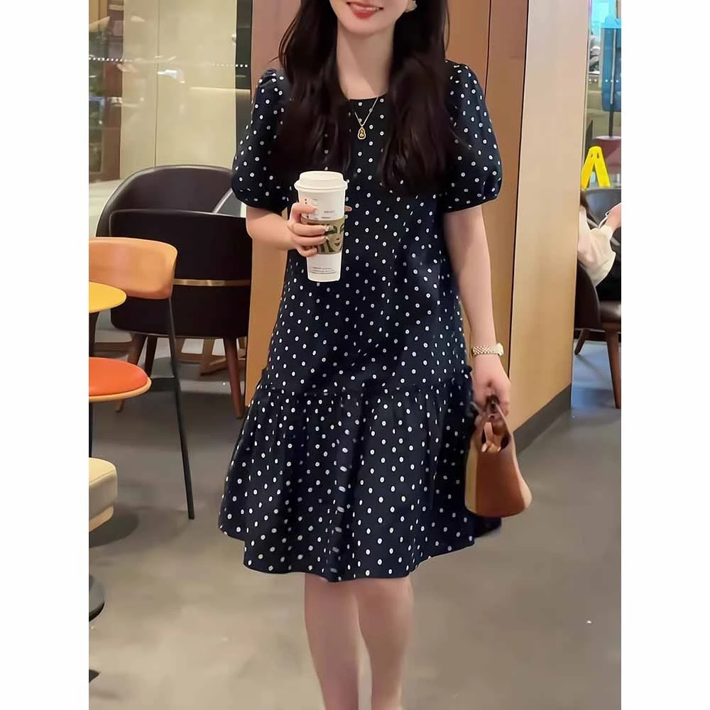 韩版高端2025夏季新款清新波点泡泡袖荷叶女宽松休闲中长款连衣裙