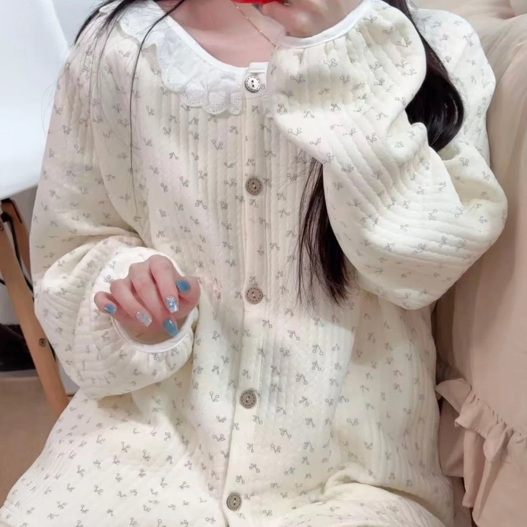 空气棉保暖舒适蕾丝花边圆领家居服套装宽松休闲可外穿少女睡衣E