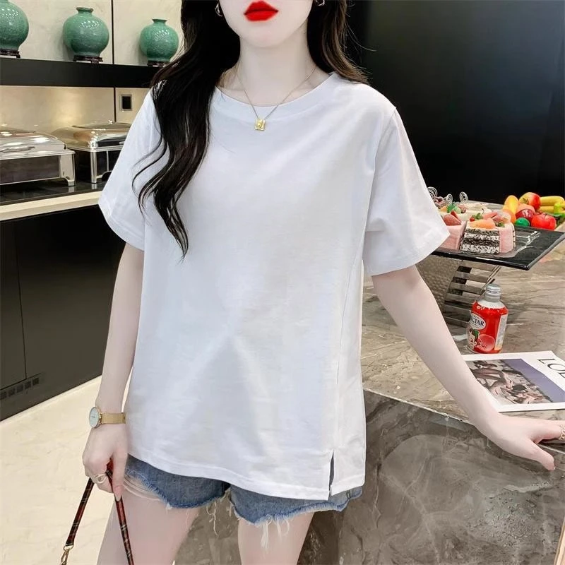 纯棉开叉百搭正肩短袖t恤女2025春夏新款设计感小众宽松半袖衫