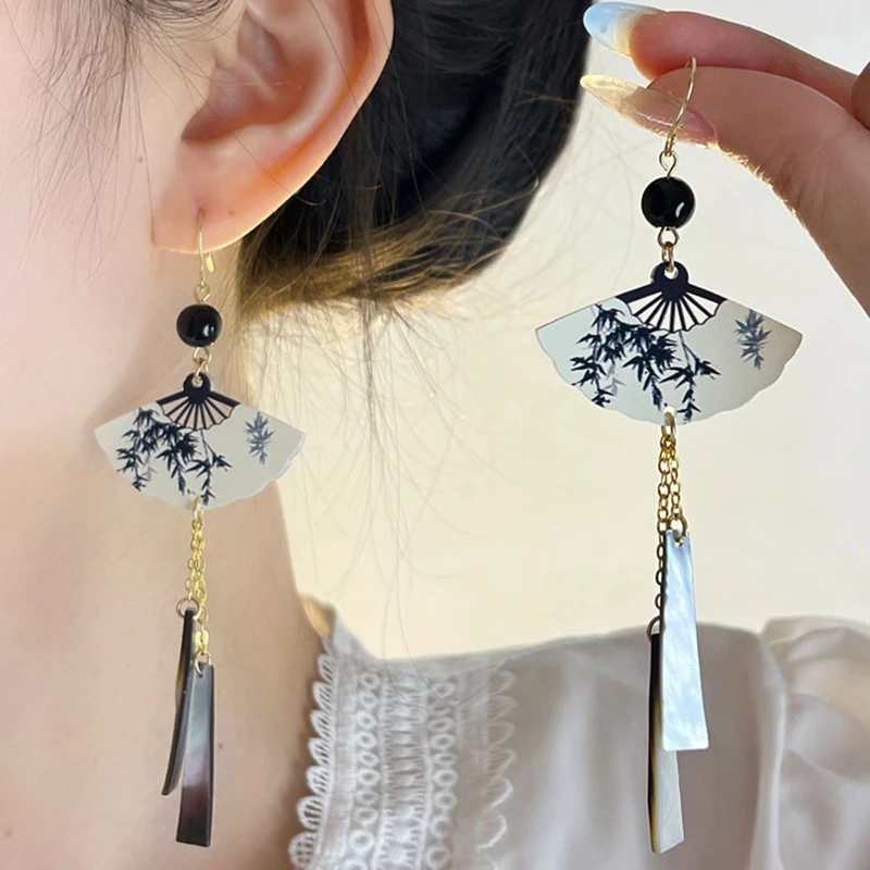 新中式墨水画扇子长款耳环古风国潮耳钉无耳洞