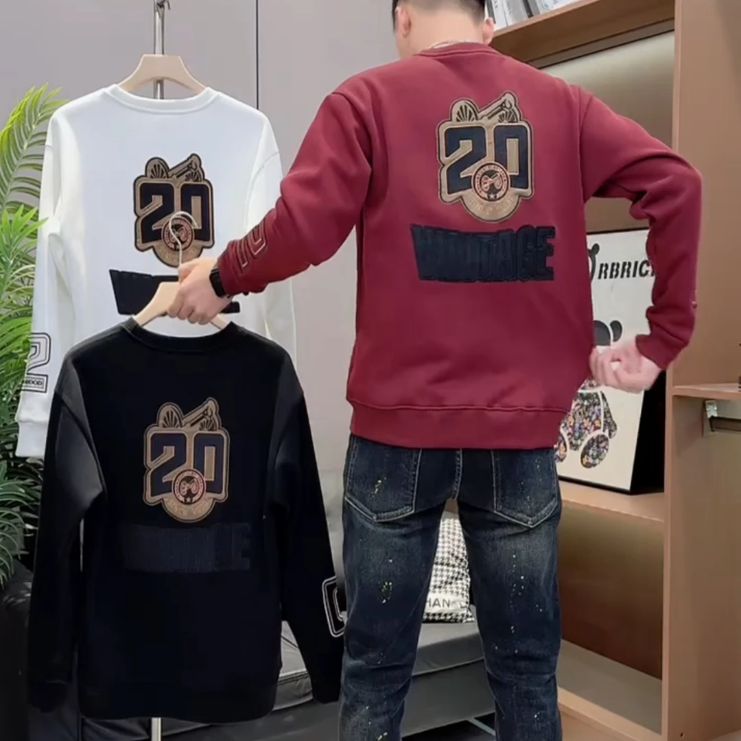 美式秋季新款圆领男士字母长袖加绒卫衣时尚潮牌休闲百搭品质男装