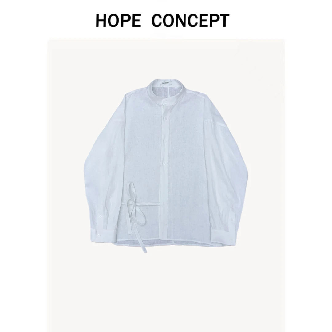 25124#HOPECONCEPT老钱风松弛感亚麻立领系带衬衫