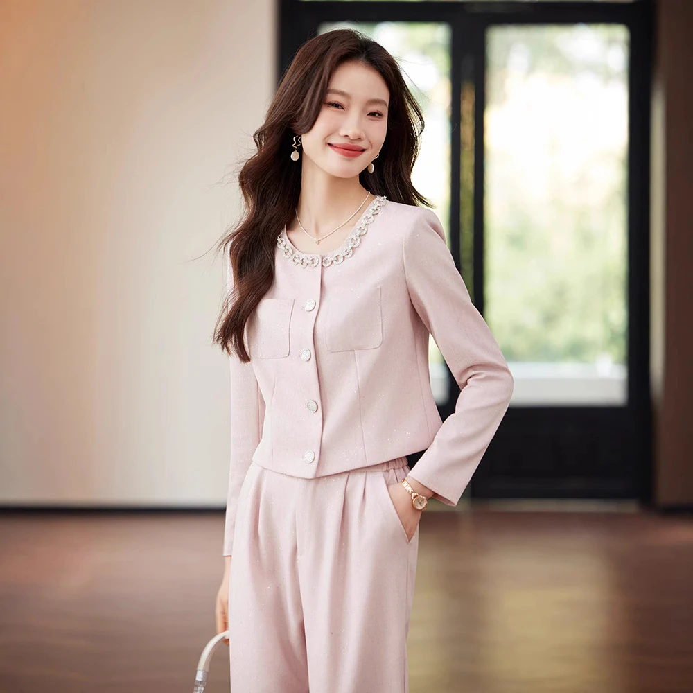 2025新款粉色小香风西装套装女播音主持艺考面试职业正装西服外套