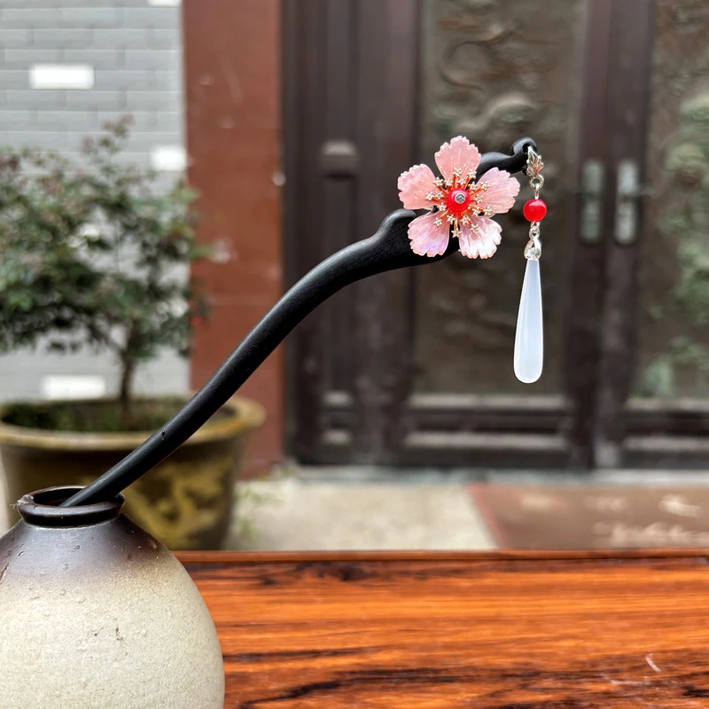 天然黑檀木发簪18cm新中式国风民族风古风步摇盘发簪简约日常