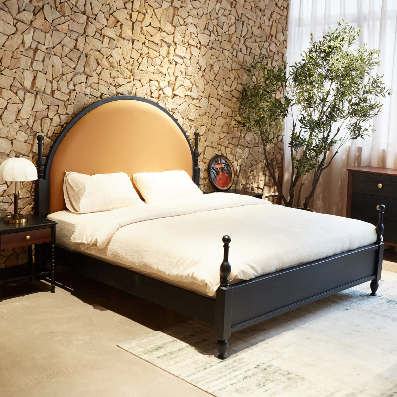 法式复古实木床真皮软包床1米8双人主卧大床美式红橡木中古风