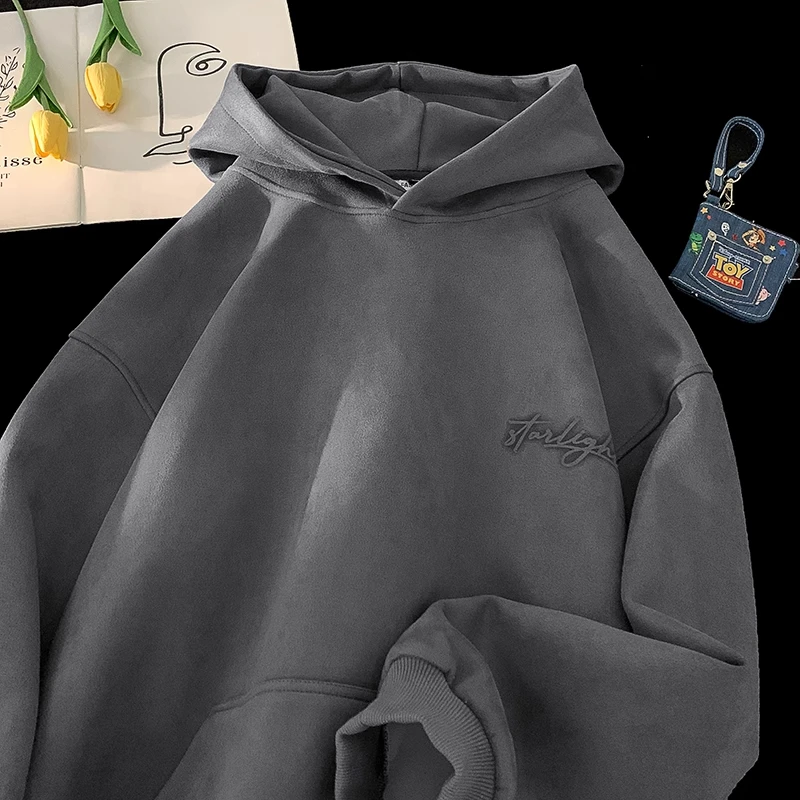 300斤大码美式复古仿麂皮绒连帽外套女秋冬宽松男士加绒加厚卫衣