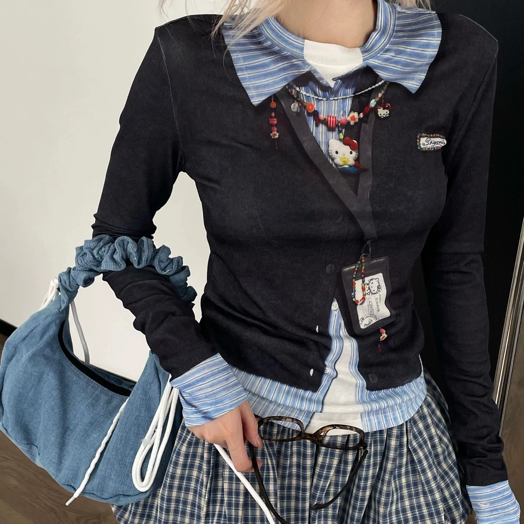 秋冬新款设计感撞色条纹假两件上衣印花修身显瘦长袖T恤女9077