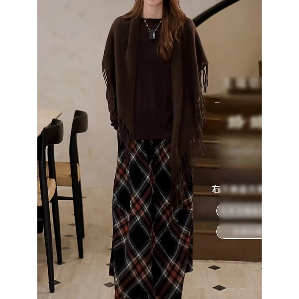 送披肩！文艺风穿搭套装女2025秋新高级感宽松遮肉针织衫格纹半裙