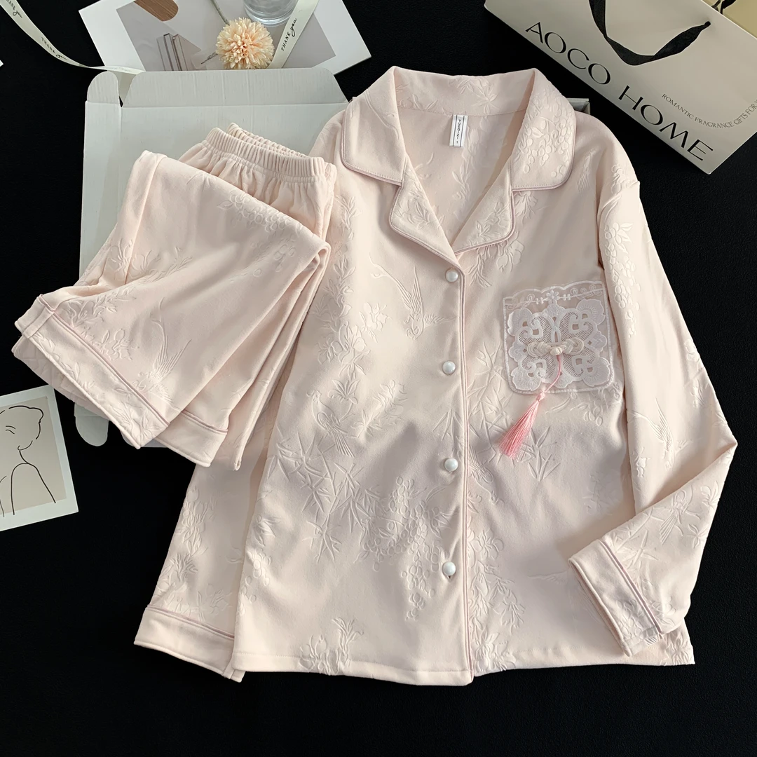 1号【德绒长袖】睡衣女压花双面德绒刺绣秋冬款时尚保暖家居服套装