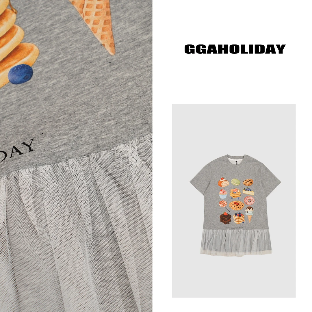 GGAHOLIDAY美式时尚休闲百搭宽松复古网纱拼接短袖连衣裙-152515