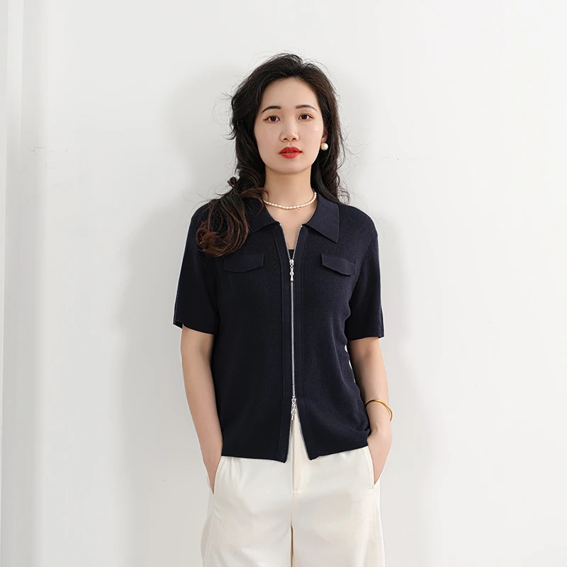 EKNR桑蚕丝+莱赛尔天丝2025春夏新款翻领双拉链短袖T恤女百搭上衣