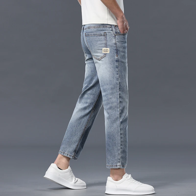 香港夏季薄款浅蓝色九分牛仔裤男潮流小直筒修身商务休闲9分裤子