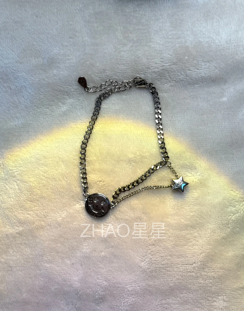 铜合金手链 复古冷淡风星星笑脸小众轻奢手工可调节手链 银色