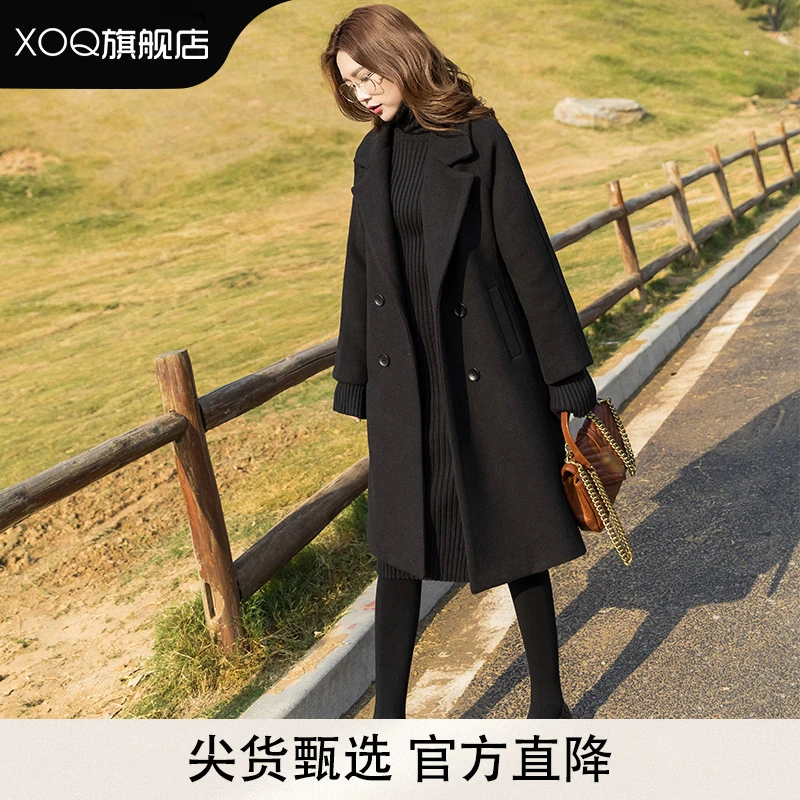 XOQ黑色毛呢外套女中长款2025秋冬季新款气质赫本风显瘦呢子大衣
