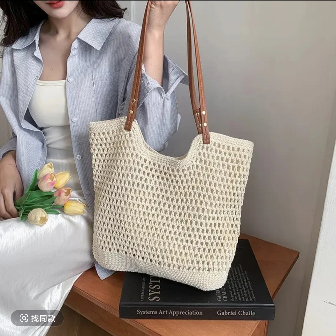 纯手工钩针钩织棉绳耐磨时尚拉链单肩包镂空休闲慵懒风