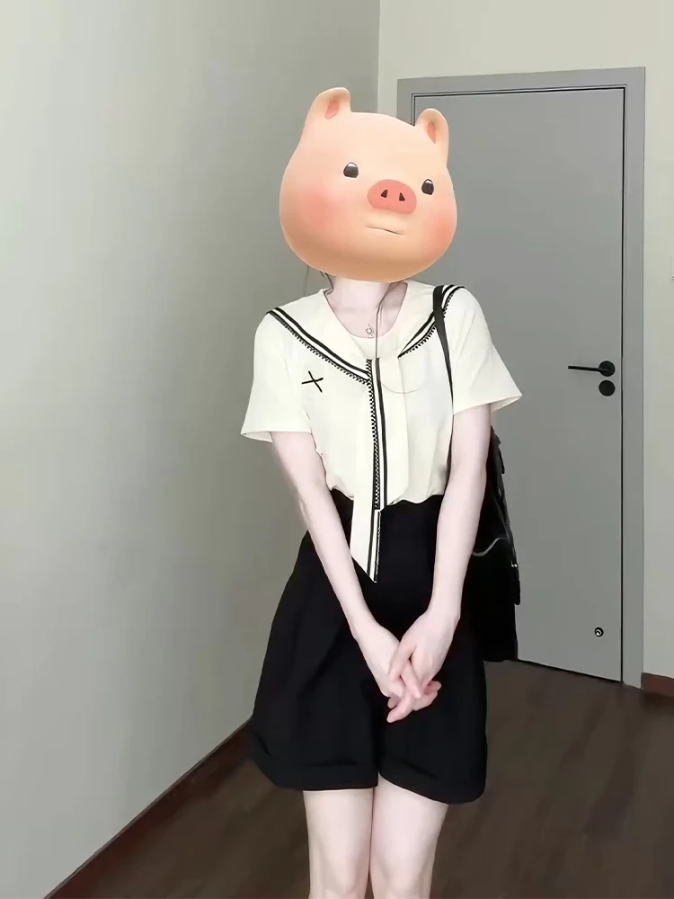 205225夏季新款学院风时尚穿搭披肩短袖上衣高腰黑色短裤两件套女