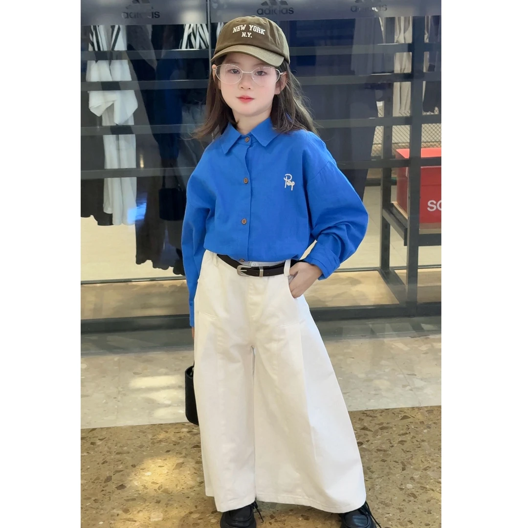 女童套装秋2025新款儿童宽松高级蓝长袖衬衣洋气女孩宽松休闲裤