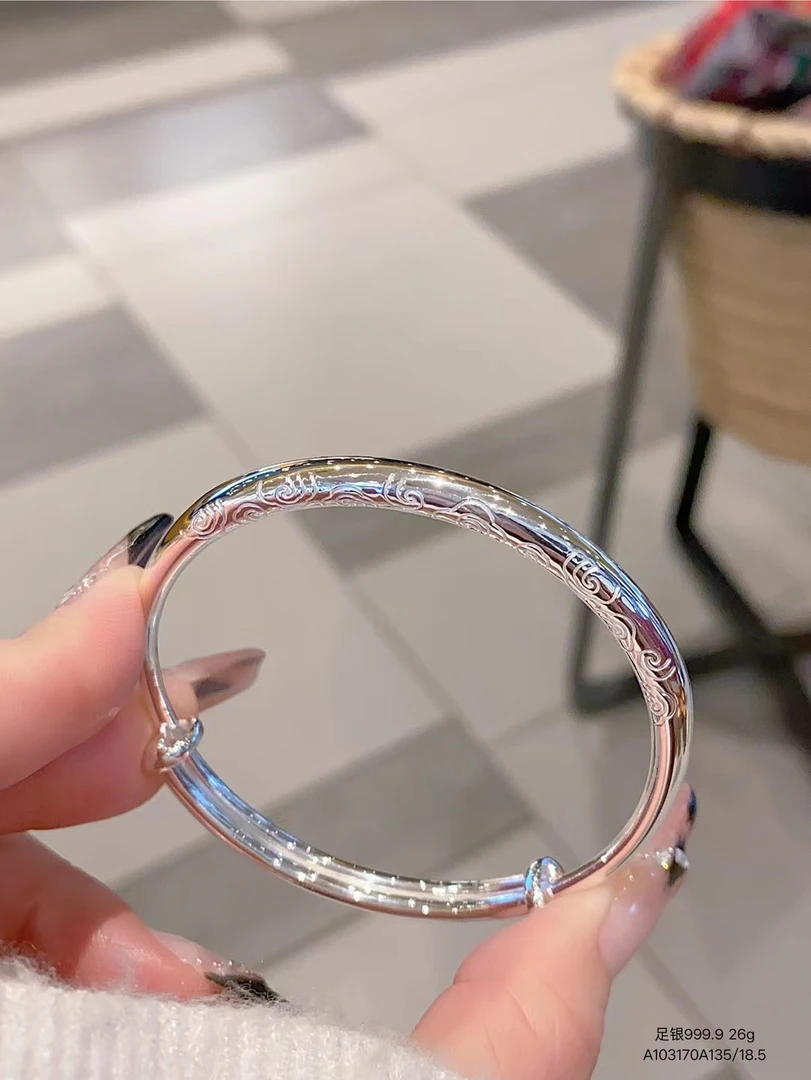 足银手镯 足银祥云推拉手镯 实心经典简约