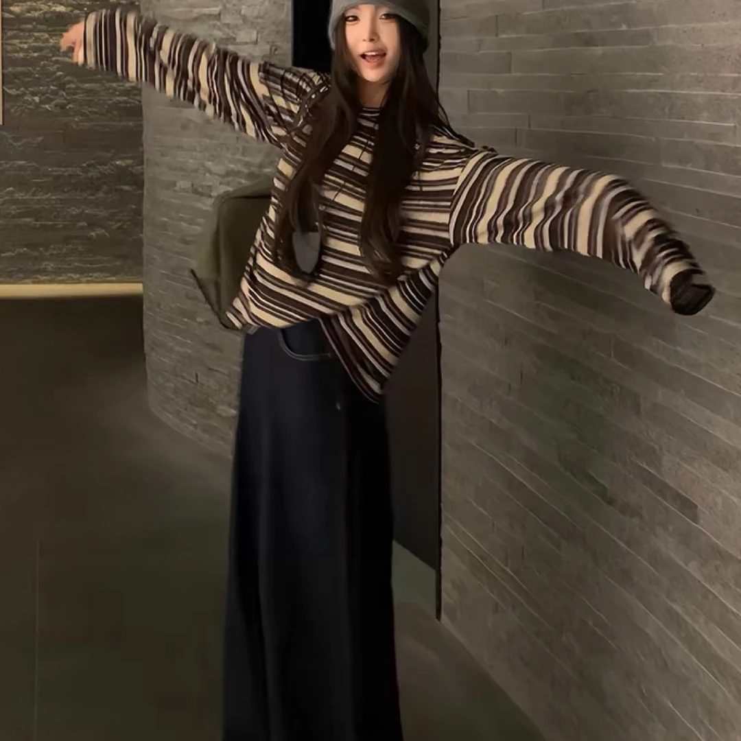 韩国our mom*ent条纹宽松显瘦时尚简约长袖上衣T恤