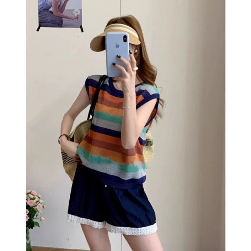 多巴胺穿搭彩虹条纹圆领冰丝针织短袖T恤女夏季宽松无袖背心上衣