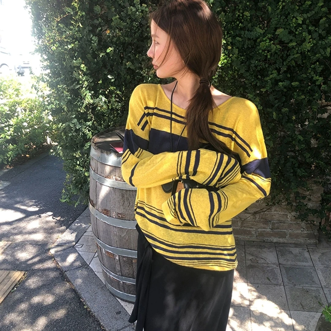 条纹薄纱微透空调长袖上衣女Z 9184#