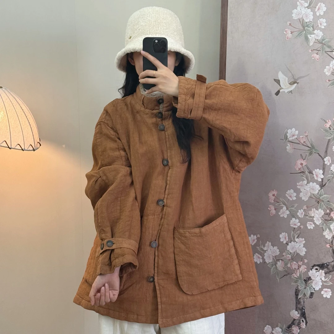 【苏里】冬季雨露亚麻立领夹棉复古休闲棉服外套女衣长80胸围140