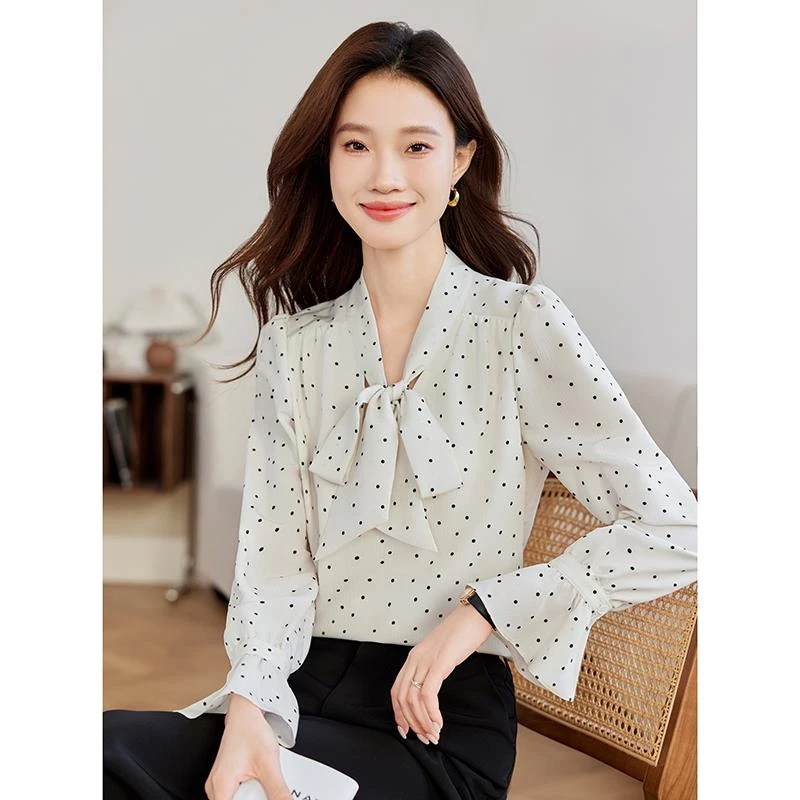 法式波点印花蝴蝶结飘带雪纺衬衫女长袖秋季高级感气质喇叭袖上衣