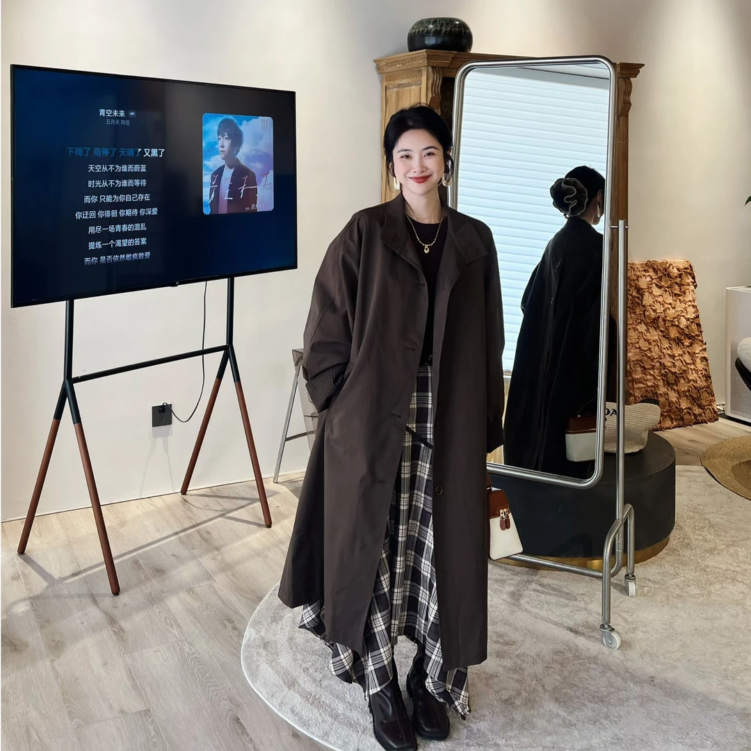 【去巴黎】春秋撞色落肩廓形长款风衣外套女