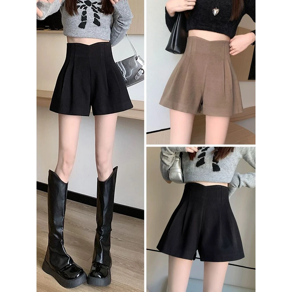 毛呢短裤女2025新款秋冬季款高腰外穿靴裤气质卡其显瘦a字阔腿裤