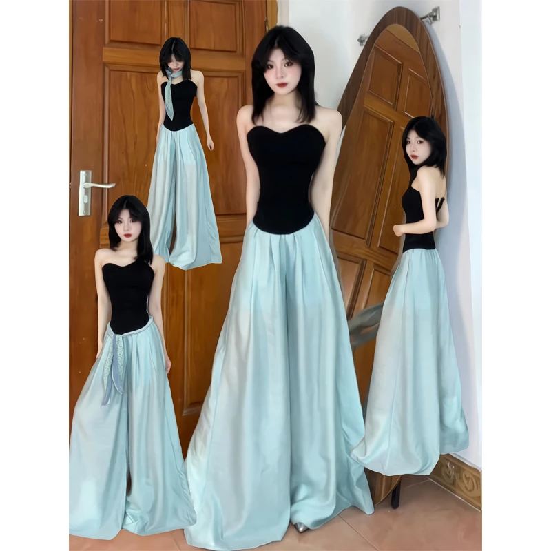 法式气质套装黑色挂脖针织抹胸上衣慵懒宽松薄款阔腿裤长裤两件套