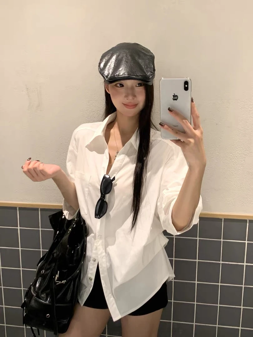 极简休闲白色衬衫上衣女翻领设计感小众泡泡袖收腰小众气质衬衣