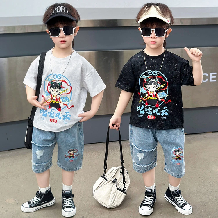 哪吒服装男童夏装儿童短袖套装男孩帅气牛仔短裤夏天薄款宝宝衣服