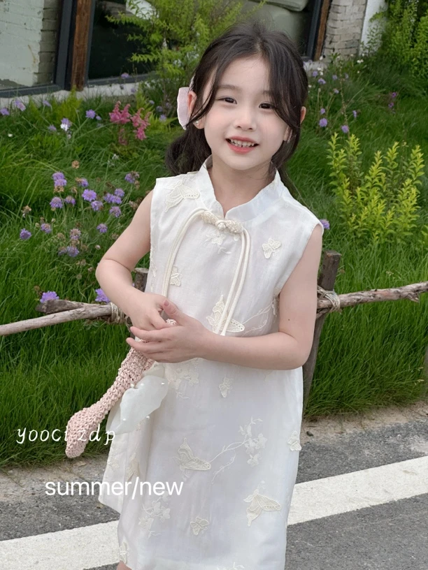 夏季旗袍夏款立体蝴蝶女宝时尚复古公主白色绣花国风