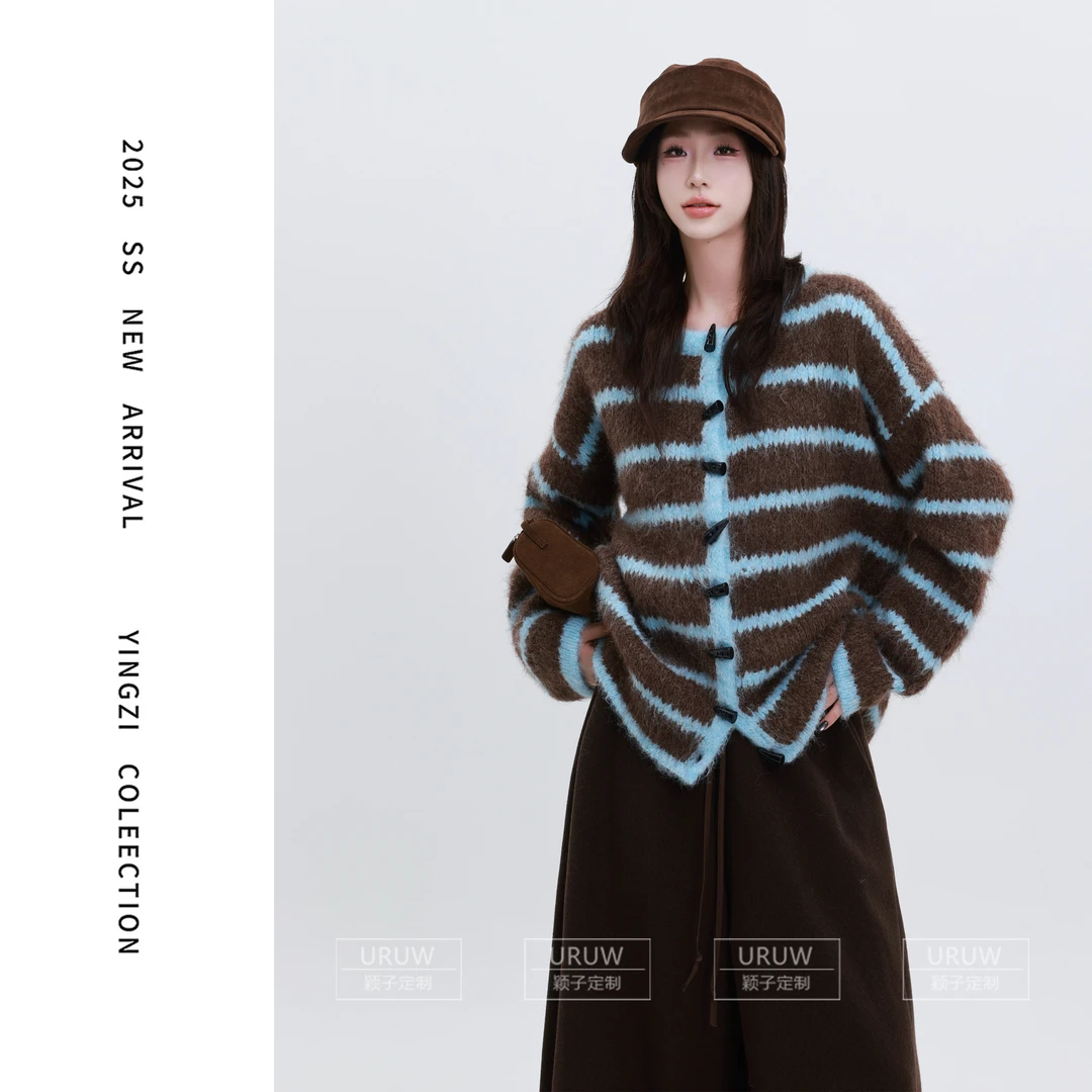颖子定制【摇滚派对】复古慵懒风条纹撞色毛衣开衫秋冬宽松毛衣2133