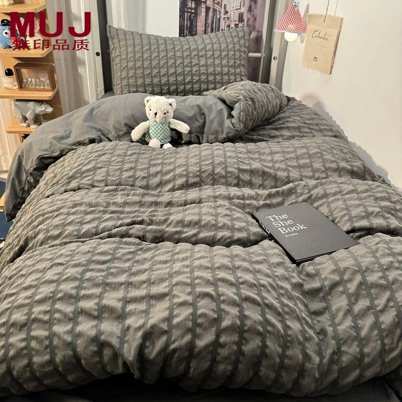 日本MUJ 【无印正品】高级感烟灰色耐脏被套四件套纯色床单夏天男