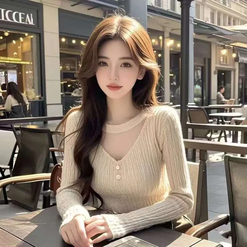 泡泡针织打底镂空长袖针织衫秋冬纯欲秋季新款设计香风上衣毛衣