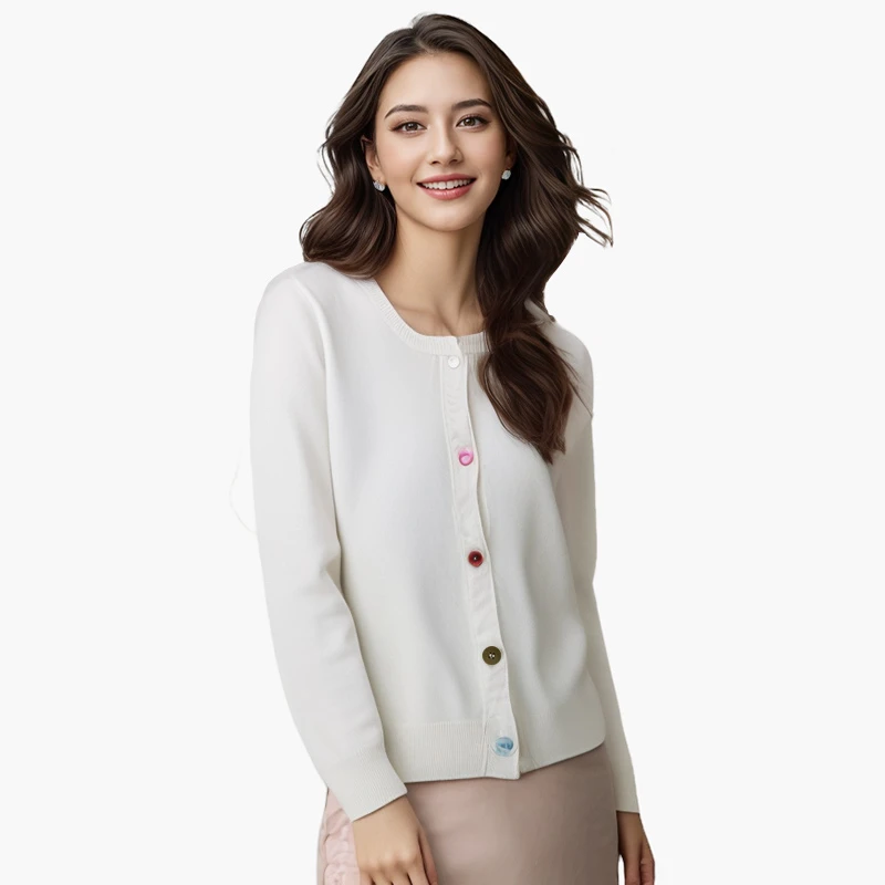 新款女式彩扣100绵羊毛开衫外套24DAK0311