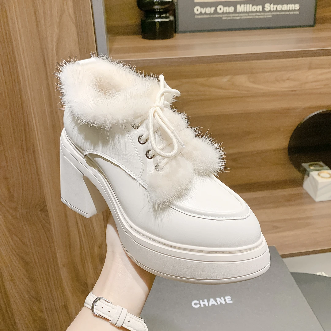 高粗跟厚底圆头学院风拼色冬季法式女单鞋马丁靴短靴厚毛保暖秋冬