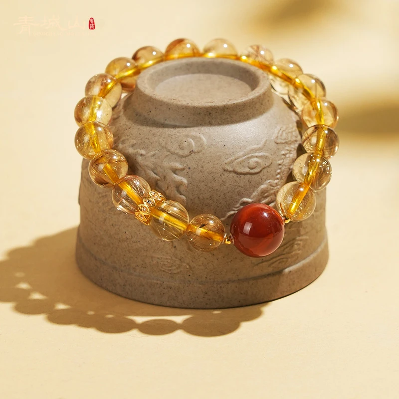 青城山【焰涌金晖】天然金发晶水晶手串9mm镶嵌18K金火焰纹南红手串