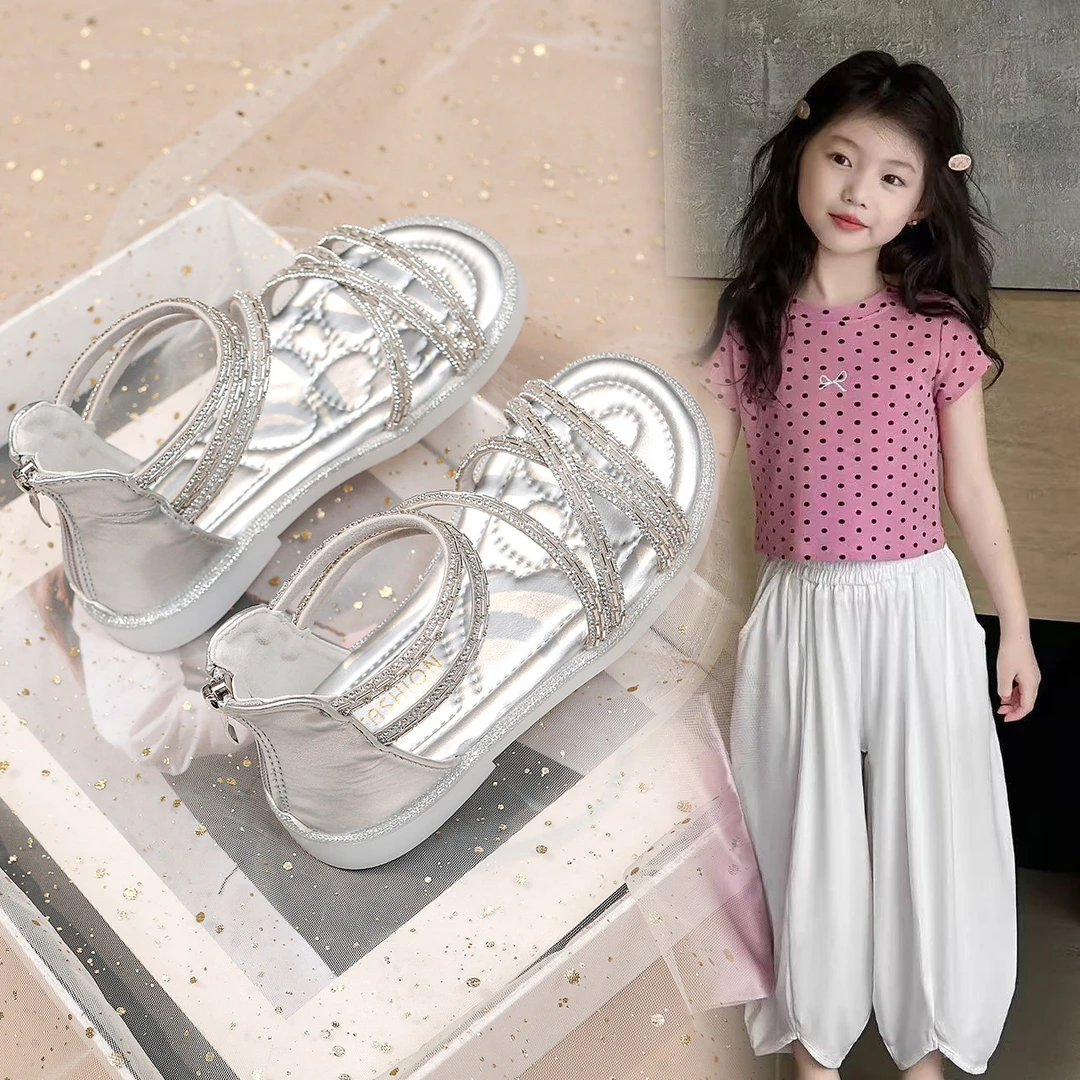 女童凉鞋儿童亮钻洋气公主鞋子2025夏季新款小女孩韩系软底罗马鞋