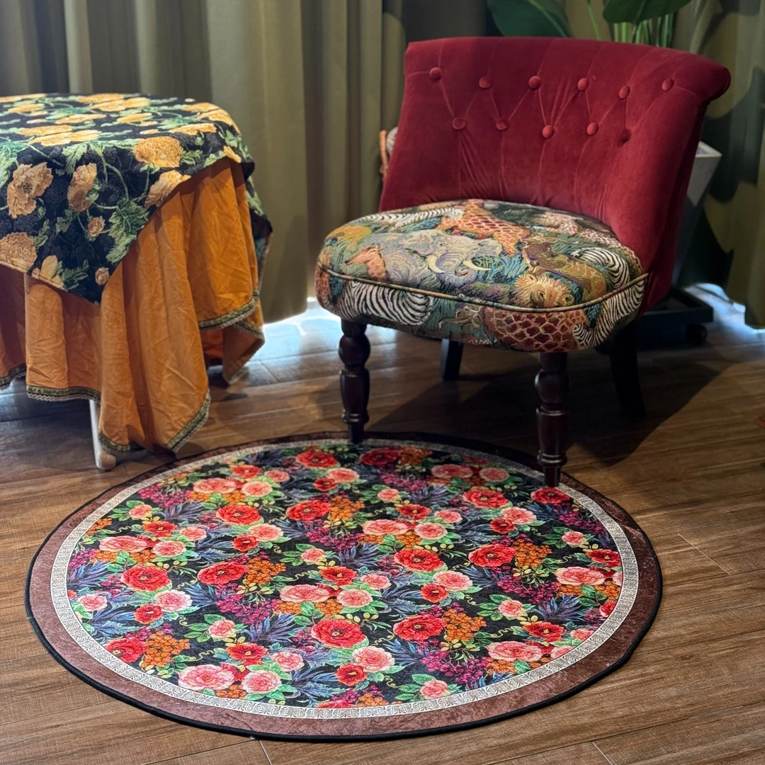 玫瑰庄园金钻绒美式复古高级感圆形地毯防水耐脏沙发椅子垫