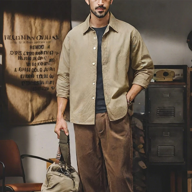美式复古纯棉衬衫男士2025新款春秋季百搭简约纯色衬衣休闲外套T