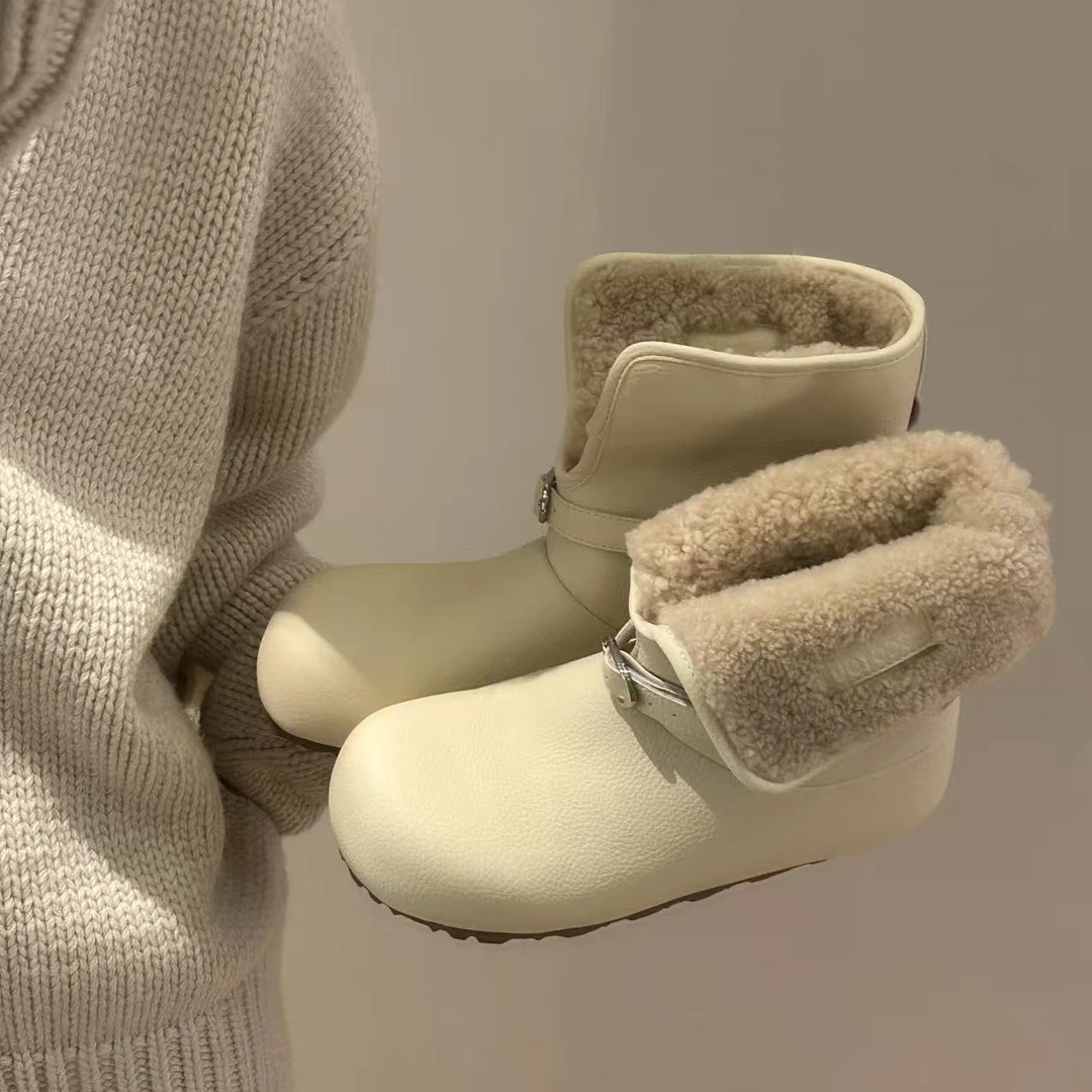 H55同款女鞋小熊领结2025冬季新款皮面两穿加绒棉防滑保暖雪地靴