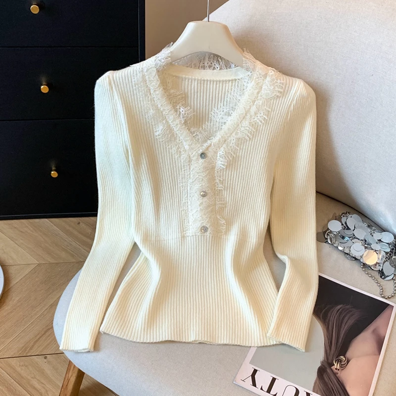 温柔风蕾丝拼接长袖毛针织衫女秋时尚修身气质显瘦打底衫上衣9277