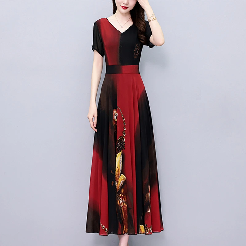 2025夏季新款雪纺碎花连衣裙大码胖mm收腰显瘦遮肚长裙