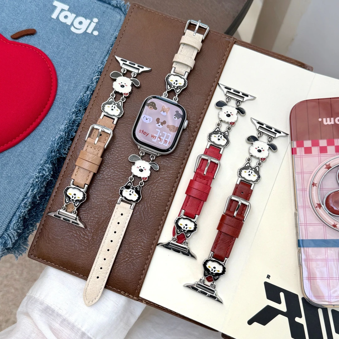 适用苹果S11华为GT6小米10/9/8可爱小狗头iWatch拼皮质fit4手表带