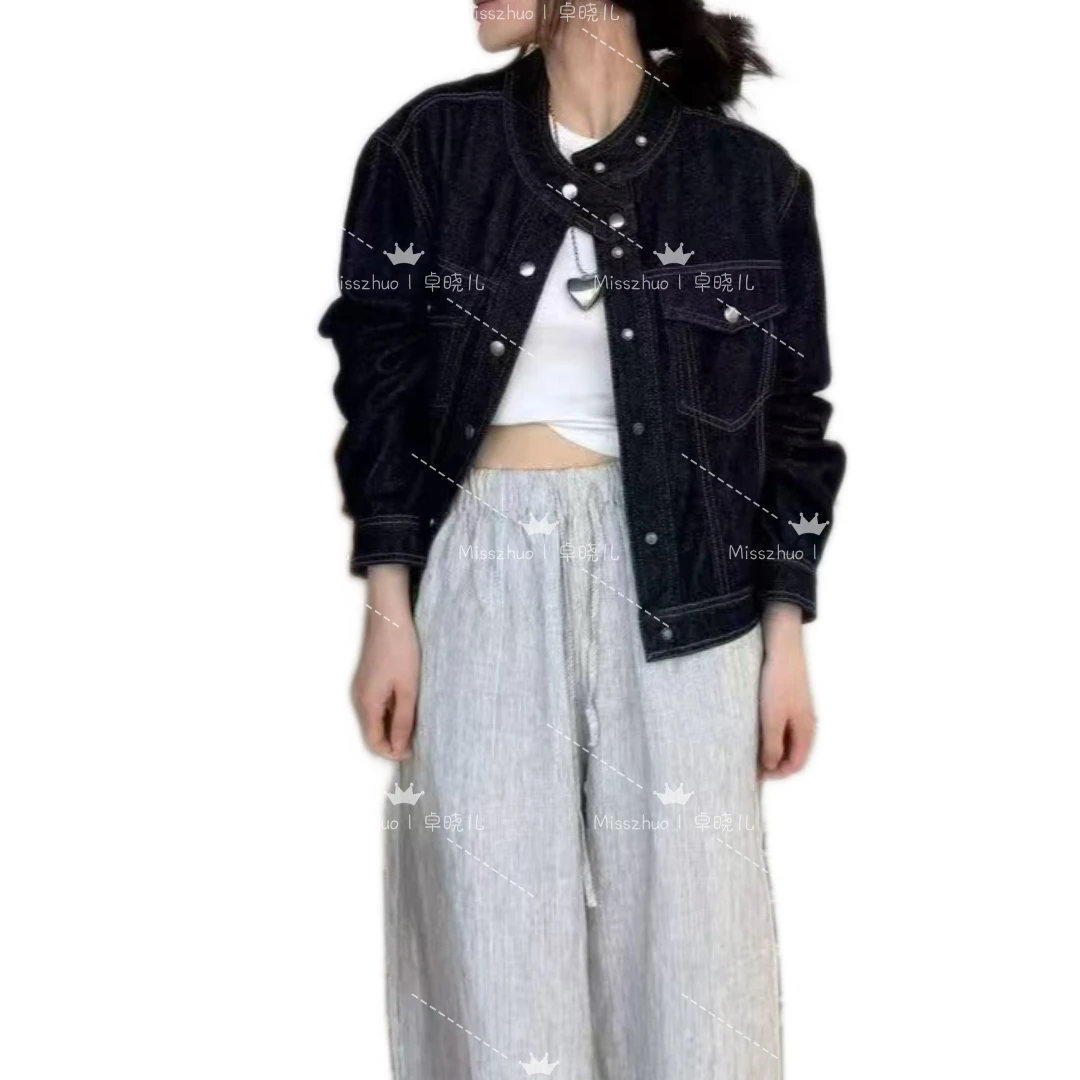 Miss zhuo｜卓晓儿 牛仔领子一粒扣两色拉链牛仔外套女2025春夏
